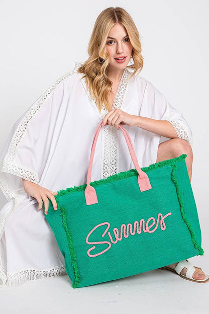 Sewn Rope Summer Letter Fringed Canvas Bag