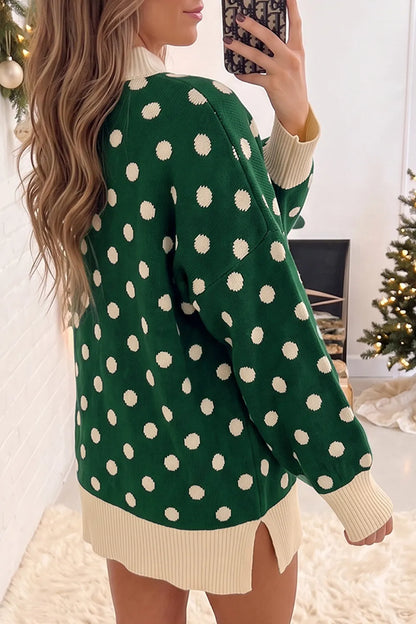 Green Polka Dot Pattern Ribbed Color Block Trim Mock Neck Split Tunic Sweater