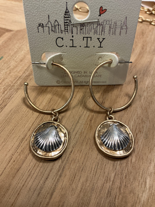 Shell Disc Dangle Open Hoops