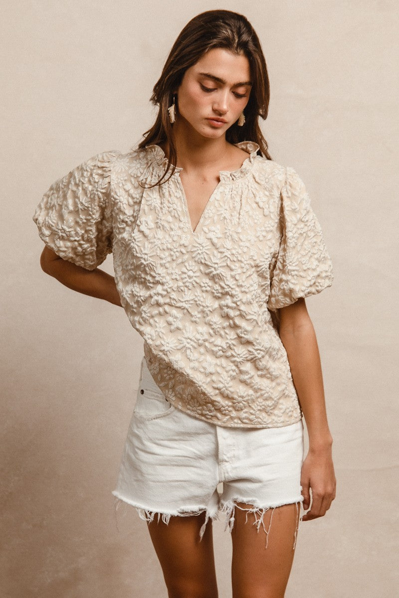 Floral Pattern Textured Short Balloon Sleeves V-neck Top